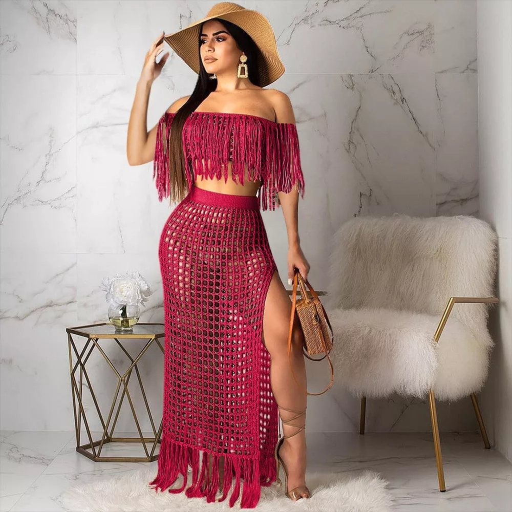 2 Piece Wine/Burgundy Grid Tassel Cover up
